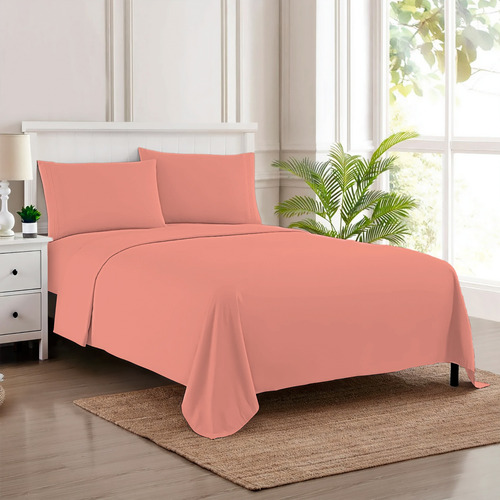 Juego De Sábanas Queen 4 Piezas Estampadas Ajustable Cama Rosa Liso