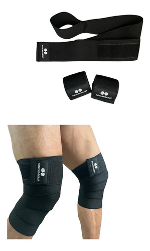 Kit Par De Vendas Para Rodilla Knee Wraps + Muñequeras Gym