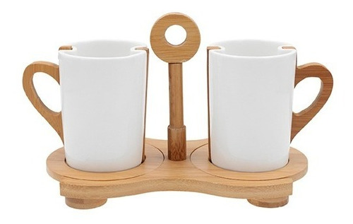 Imagen 1 de 9 de Juego De Dos Tazas De Cerámica Con Base De Madera