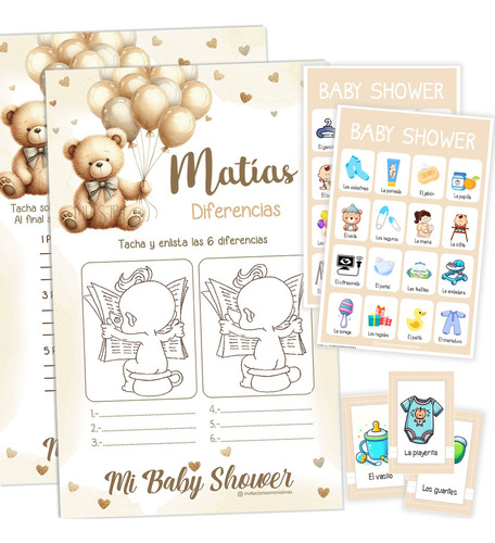 Juegos De Baby Shower Osito Beige Personalizado Digital Pdf