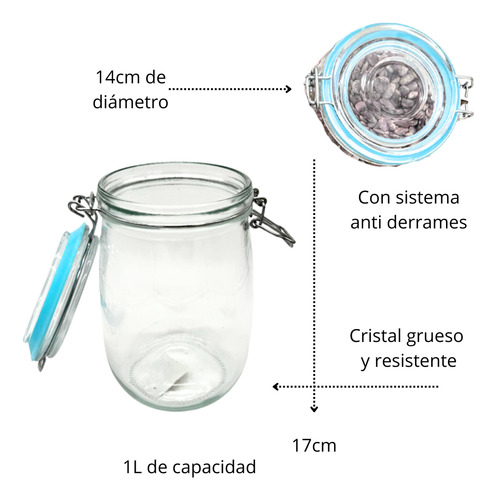 Set 8 Frascos De Vidrio Hermético Contenedor Con Clip 1lt