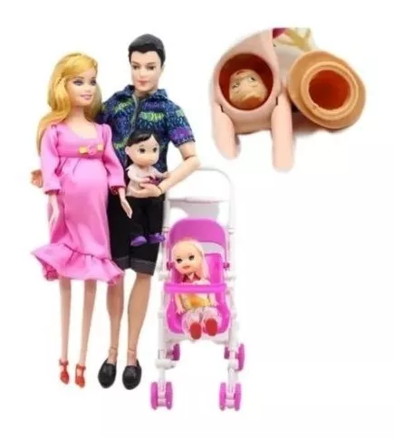 Boneca Barbie Grávida E Família Carrinho E Papai Mamãe Filho