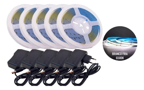 5x Fita Led Cob 5mt 320 Leds/m Branco Frio 6500k C/ Fonte