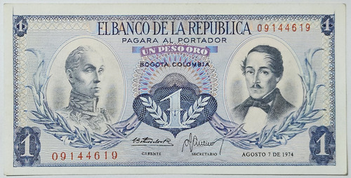 Billete 1 Peso 07/ago/1974 Colombia Au