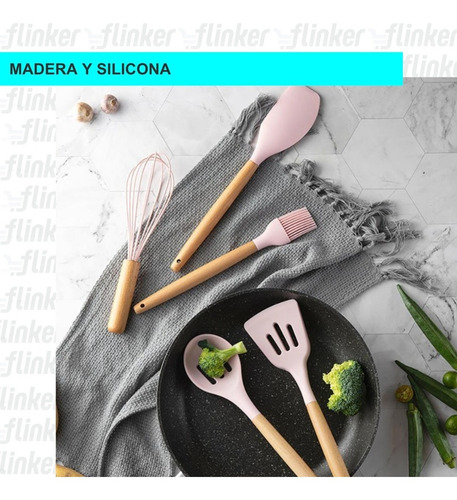 Imagen 6 de 10 de Kit X12 Utensillos Cocina Set Premium Silicona Y Madera