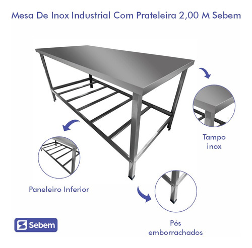 Mesa Inox Industrial Padaria Com Paneleiro Inferior 2m Sebem