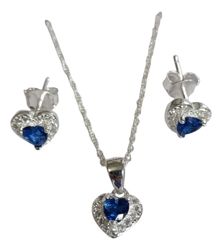 Promo. Conjunto Corazón Aros + Dije + Cadena. Plata 925. Azul Azul