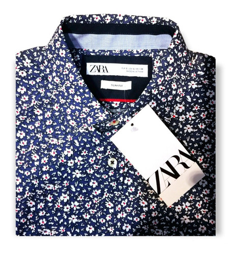 Imagen 2 de 3 de Camisa Zara Slim Fit Algodón Con Puntos Fantasía Talle S