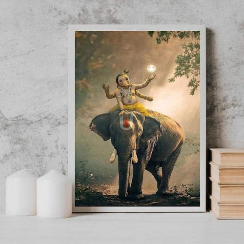 Quadro Lord Ganesha Elefante 24x18cm - Com Vidro Branca