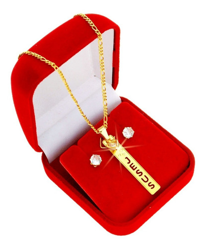 Conj Colar E Brinco Joia Folheada Ouro 18k Jesus Família