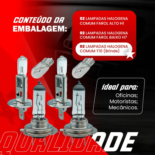 Kit 6 Lâmpadas Halógena Farol Alto Baixo Lanterna H1 H7 T10