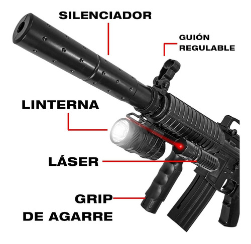 Imagen 3 de 10 de Rifle Airsoft M16 Spring Resorte 6 Mm Laser Linterna Balines