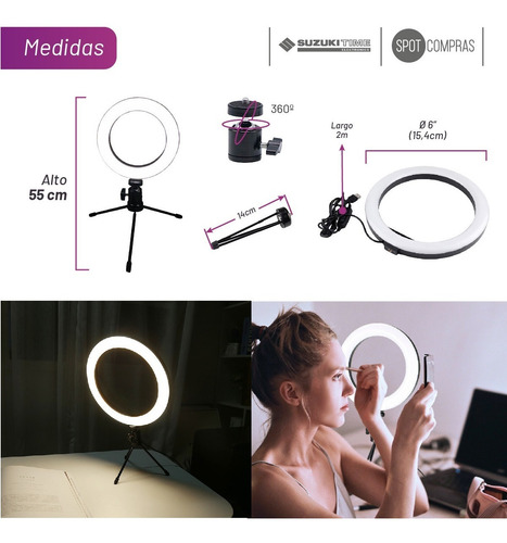 Imagen 4 de 9 de Aro De Luz Led 16 Cm Con Trípode Suzuki Time