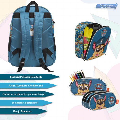 Kit Mochila Escolar Masculina Patrulha Canina Reforçada
