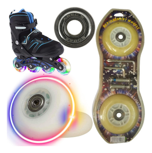 Kit 2 Ruedas Uretano Blanco Con Led Y Rodamiento De Patines