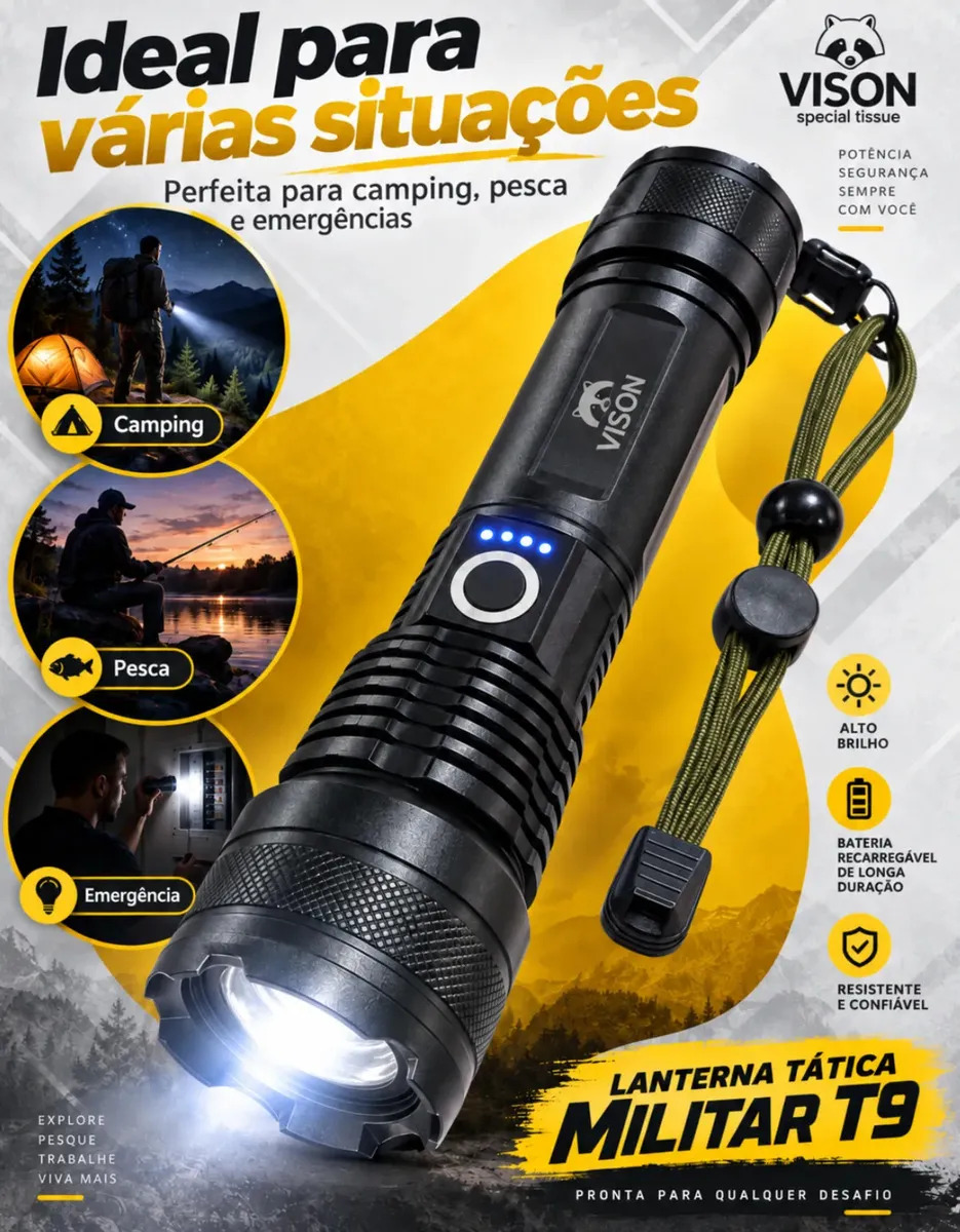 Lanterna Tática Militar Led Forte Ultra Potente T9 Recarregável Bateria Longa Duração Usb A Mais Forte Do Mundo Alcance 1km Zoom Ajustavel Camping Pesca Acampamento Resistente Agua Poeira