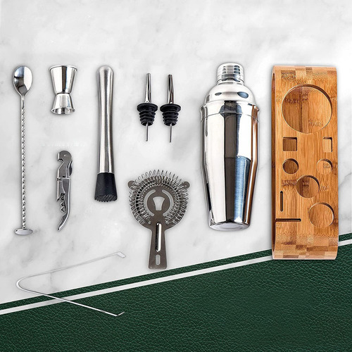 10 Piezas Coctelera Para Bar Y Cocina Con Soporte De Bambú Para Bebidas Mixtas Y Preparados Para Hogar Y Cocina, Set De Coctelería Para Bebidas Preparadas Y Cocteles De Acero Inoxidable Profesional