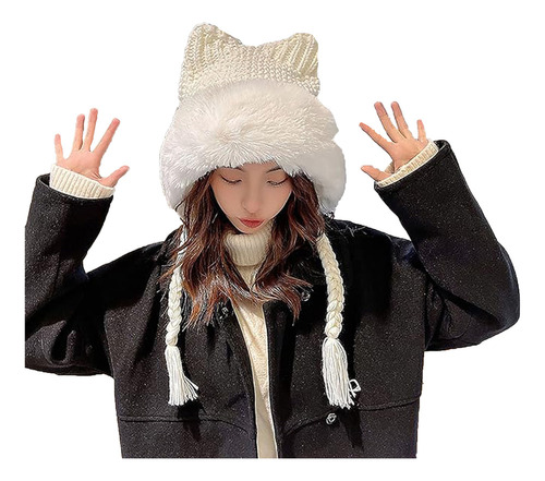 Bonito Gorro De Punto Con Orejas De Gato Para Mujer, Cálido,