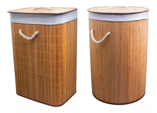 Canasto cesto para ropa sucia bambu y tela - MultiHogar UY