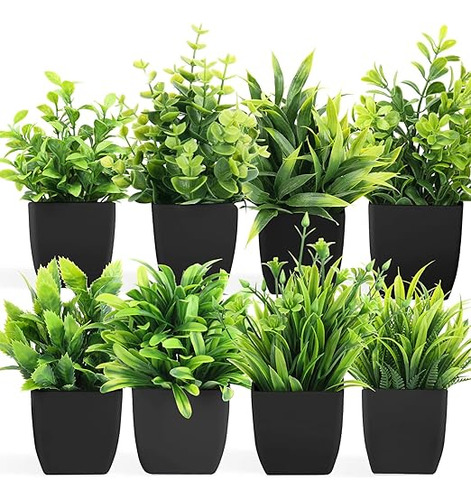 Plantas Artificiales Verdes Y Maceta Negra Redonda Pack 8 