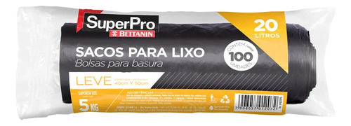 Saco De Lixo Superpro 20 Litros Preto 40x50cm Leve 100 Un