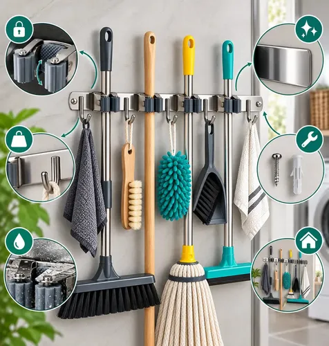 Suporte Inox Vassoura Rodo Mop Pá Parede Organizador Porta Vassoura Vassoureiro Pendurador 9 Acessórios Utensílios Limpeza Lavanderia Área Serviço Cozinha Garagem Ponte Lar Utilida