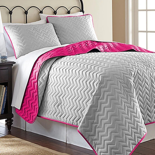 Colcha Bouti Queen Size Matelado Dupla Face 03 Pçs Riviera Cor Cinza - Acinzentado - Prata - Prateado - Rosê - Rosa - Cor De Rosa - Rosa Chiclete - Quarto Menina