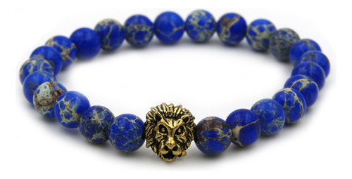 Pulseras Hombre Mujer Piedra Lapizlazuli Leon Dorado