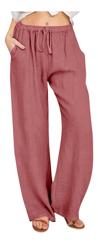 Pantalon Algodon Para Mujer Cordon Cintura Alta Ajuste Color