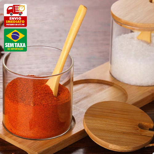 Kit Porta Temperos Cozinha Vidro Colher Suporte Bambu 300ml