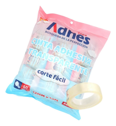 Bolsa 50pzs Cinta Adhesiva Corte Facil Adhes 12mmx10m 