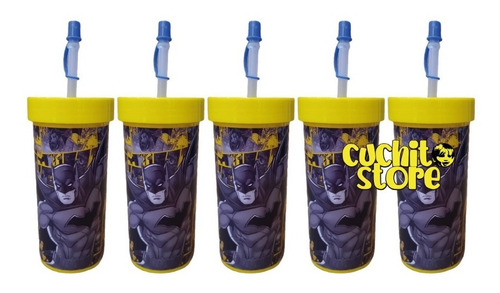 Pack 5 Vasos Con Bombilla Niños Batman 400ml Cotillon Fiesta