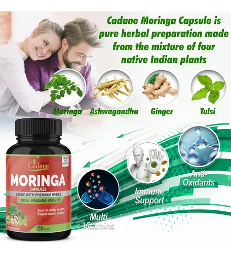 Cápsulas De Polvo De Moringa Orgánica De 3000 Mg Con Ashwagandha, Jengibre, Albahaca Sagrada Tulsi - Potenciador De Ene