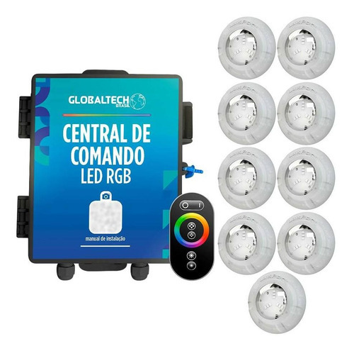 Kit 9 Led Piscina Rgb 4w Luxpool + Central + Controle Touch 110V/220V