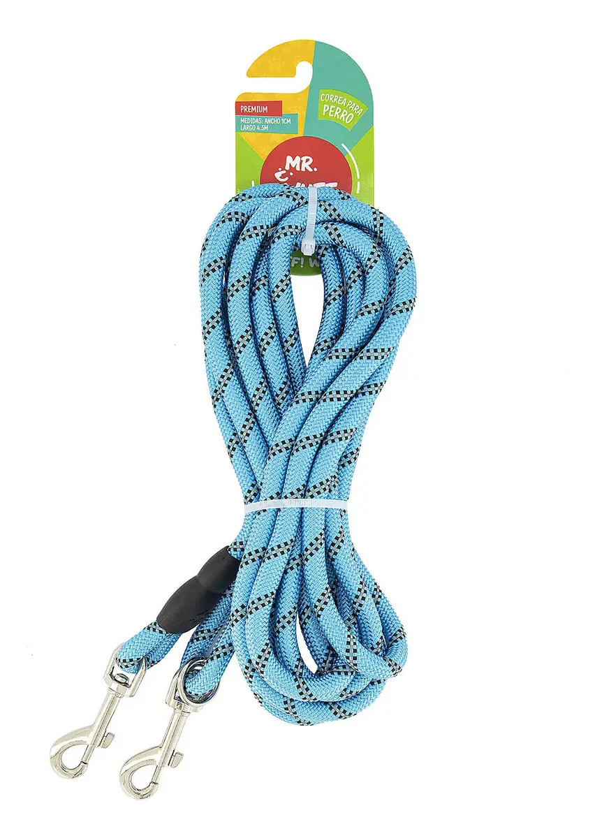 Correa Larga Perro 4.5m Reflectante Doble Gancho Nailon Mr Wuff Azul