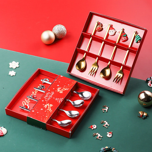 Cuchara De Navidad Y Tenedor De Postre Navideño De Acero Ino