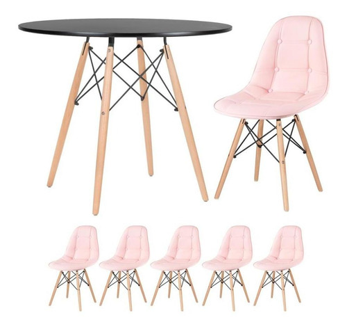 Kit Mesa Jantar Eames Wood 90 Cm E 5 Cadeiras Eames Botonê Cor Da Tampa Mesa Preto Com Cadeiras Rosa