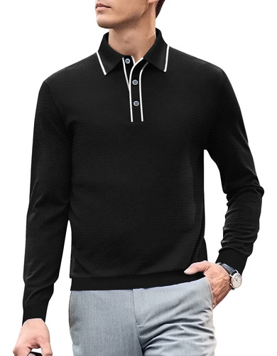 Camisa Polo Manga Larga Para Hombre Algodon Puro Corte Moda