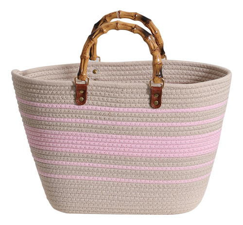 Bolsos De Playa De Moda Con Mango De Bambú, Algodón Tejido A