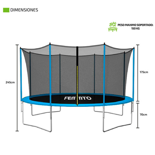 Imagen 3 de 8 de Cama elástica Femmto TPL12FT00 con diámetro de 3.65 m, color del cobertor de resortes azul y lona negra