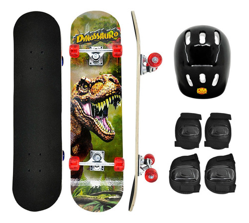 Skate Infantil Completo Montado Kit Proteção Mod. Dinossauro