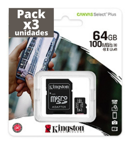 Pack X3 Memorias Micro Sd 64 Gb Kingston Clase 10 Celulares