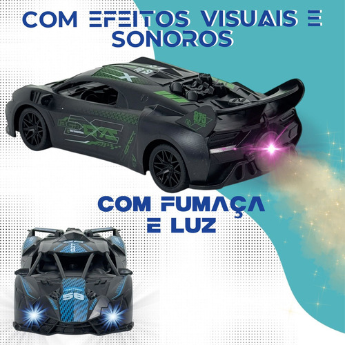 Carrinho Recarregável De Controle Remoto Solta Fumaça Cor Preto E Azul