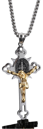 Medalla San Benito Cruz Jesus Cadena Collar Dije Acero