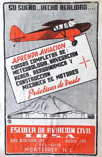 Cartel De Escuela De Aviacion Civil Irsa. Monterrey 1948s