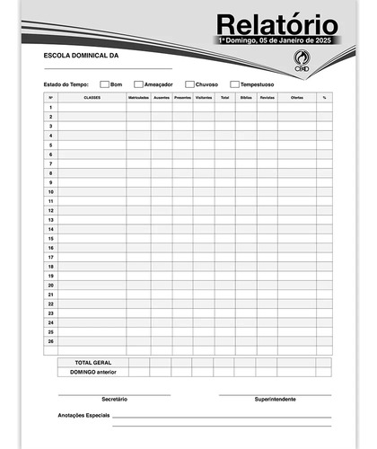 Livro De Relatório Anual Da Escola Bíblica 2025 Ebd Cpad