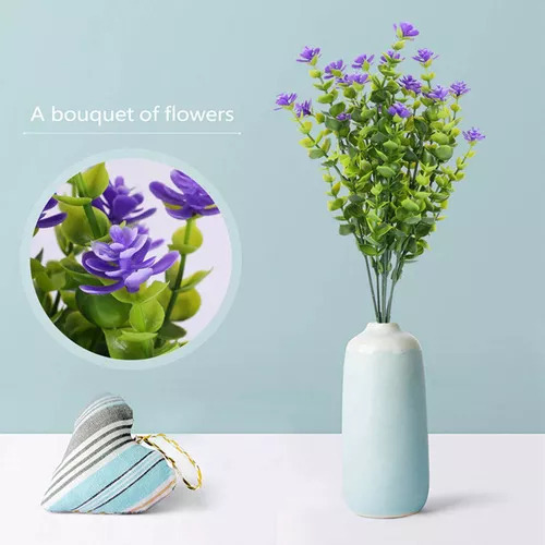 4 Plantas Artificiales, Arbustos Verdes, Flores Moradas