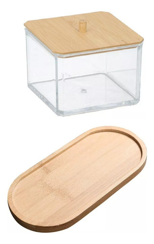 Set De Caja Box Acrílica Con Tapa Bambú + Bandeja Ovalada