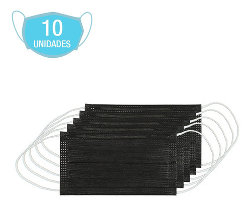 10 mascarillas negras desechables con elástico y clip nasal, color TNT, diseño de tela lisa negra