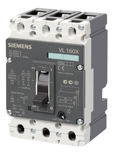 Interruptor Automático Vl160x 80-100a Siemens Icu=55 Ka